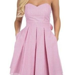 pink + white searsucker dress